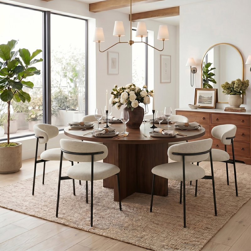 Ensemble de table de salle à manger 60 po avec 6 chaises rembourrées, Santi Beige