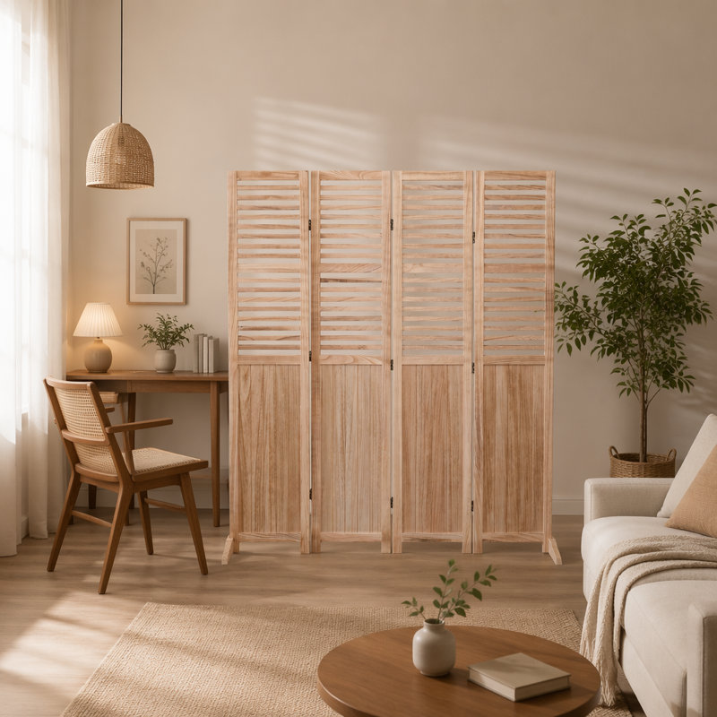 Paravent en bois massif naturel à 4 panneaux pour une décoration intérieure et une intimité polyvalentes, l 55,2 po x H 65 po
