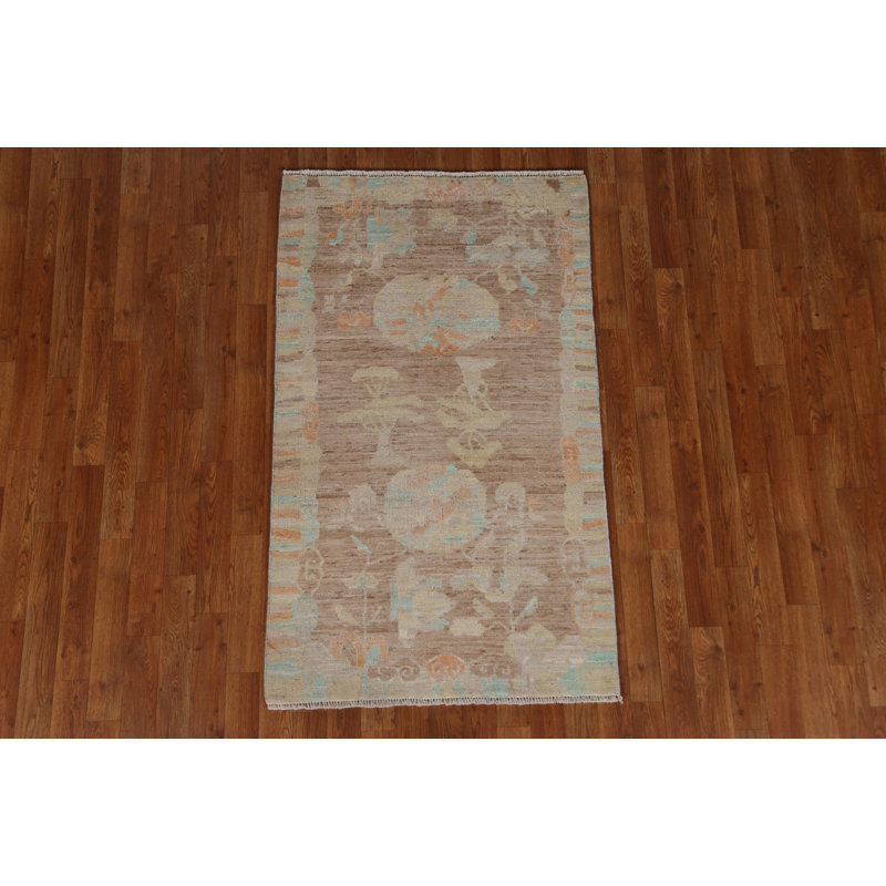 Tapis beige en laine noué à la main de conception unique 2 pi 10 po x 4 pi 9 po New Age