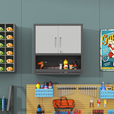 Armoire de rangement murale en métal avec porte verrouillable et 1 tablette 1 tiroir ouvert pour garage, entrepôt, assemblage requis