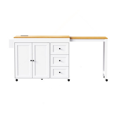 74.8" Kitchen Island With Extendable Dining Table, Kitchen Storage Cart With 3 Drawers, Power Outlet, Rolling Kitchen Island On Wheels With Spice Rack And 2 Door Cabinet, For Kitchen