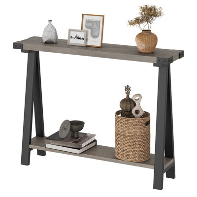 Grey Narrow Console Table with Storage Shelf – 2-Tier Rustic Entryway Sofa Side Table – V-Shaped Metal Legs, Slim Hallway Accent – For Living Room, Foyer, Behind Couch – Grey