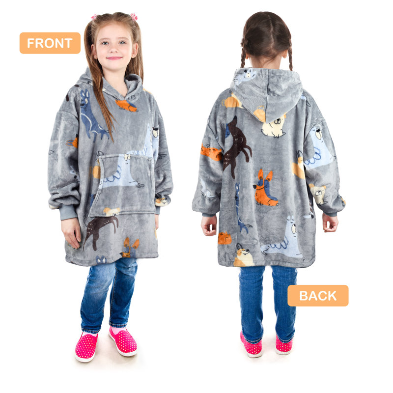 Sweat à capuche surdimensionné pour les enfants de 4 à 12 ans, molleton avec grande poche, Chien gris