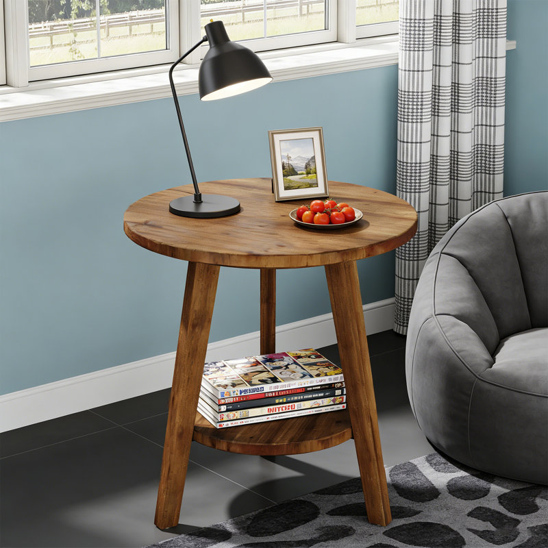 23.7" Solid Wood Round End Table, Farmhouse Sofa Side Table with Storage Shelf