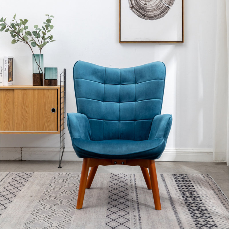 Fauteuil d'appoint contemporain capitonné en velours soyeux avec repose-pieds, bleu
