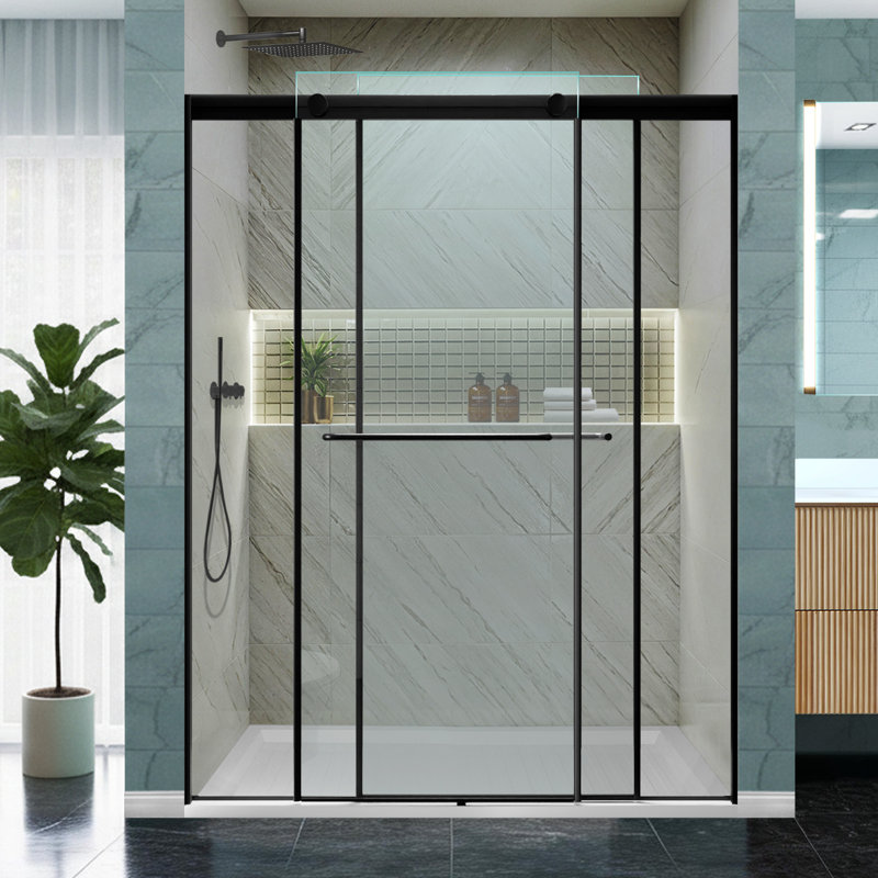 56–60 in. W x 76 in. H Framed Dual Sliding Soft-Close Shower Door in Matte Black with 6 mm Clear Glass