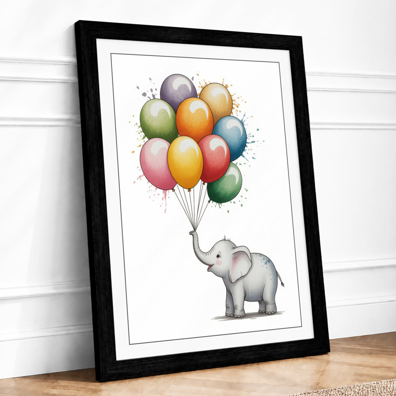 Elephant with Balloons Whimsical - Framed Print, A1 - 84.1 x 59.4 cm, Black