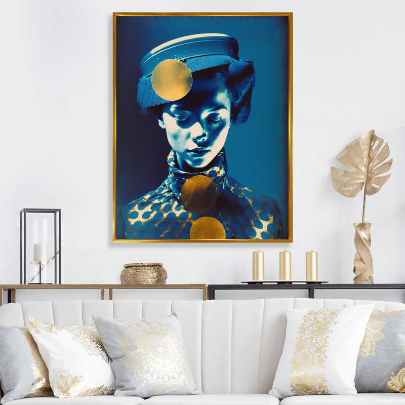 Elexsis Avant Garde, modèle en or et bleu rétro III sur toile, H 32 po x l 24 po x P 1 po, Cadre flottant doré