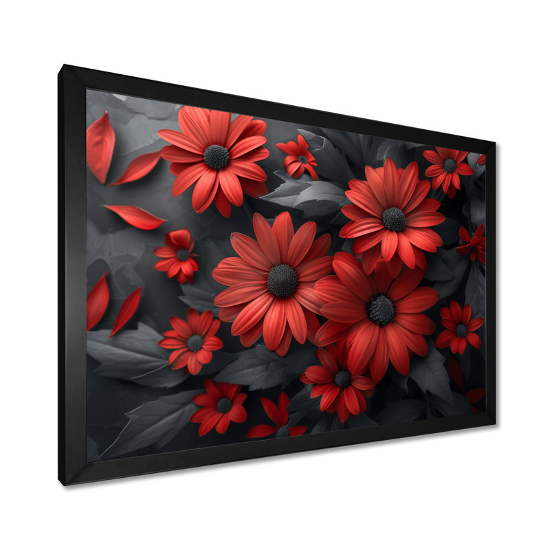 Décoration murale marguerites monochromes rouges et noires I - marguerites, Cadre simple noir, H 34 po x l 44 po x P 1,5 po