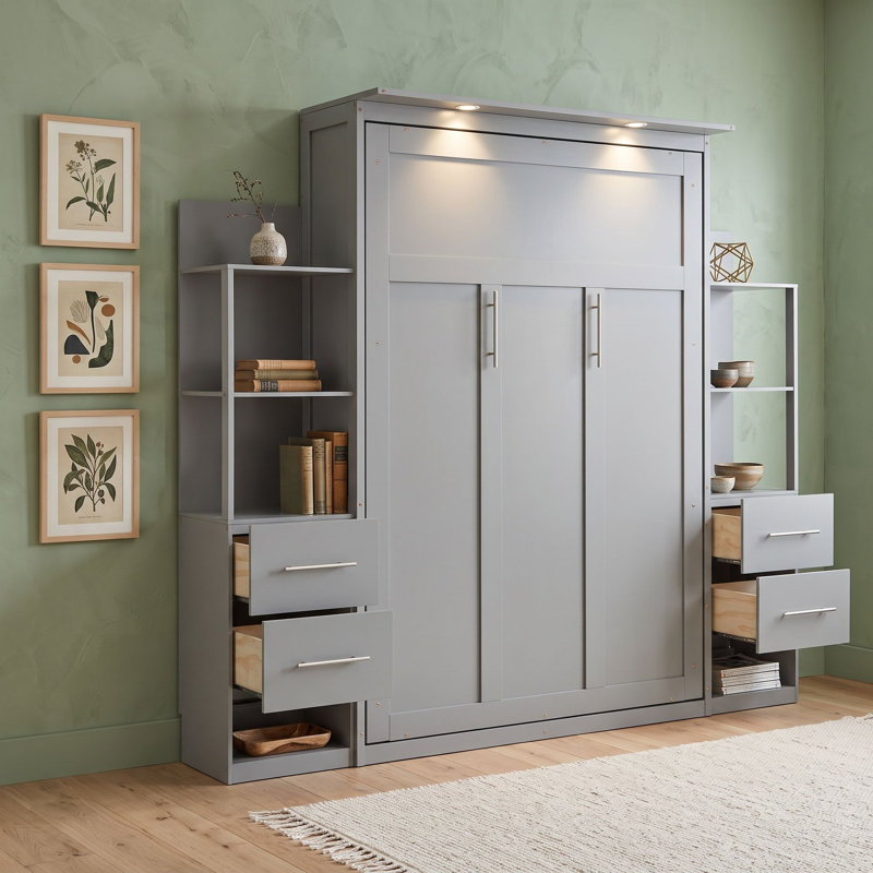 Lit escamotable en bois multi-fonctions, Gris, Double