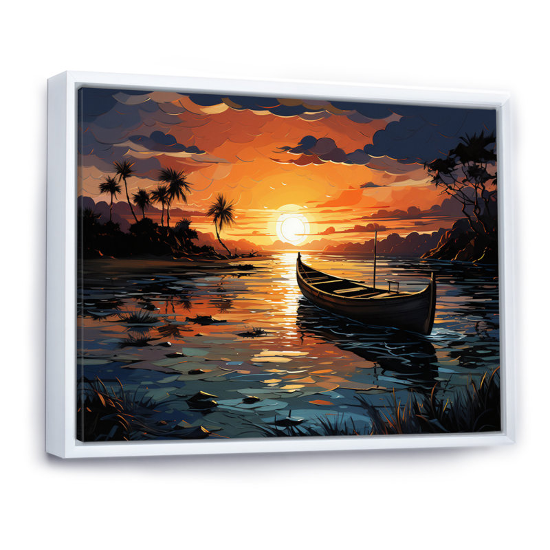 «Coastaltropical Boat At Dusk I», reproduction d'art sur toile, H 34 po x l 44 po x P 1,5 po, Cadre flottant blanc