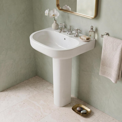 Lavabo sur pied en céramique blanche 22 po x 17 po, lavabo de salle de bain autoportant avec trop-plein, ensemble lavabo profond pour salle de bain et salle de bain d'invités, 3 trous 4 po