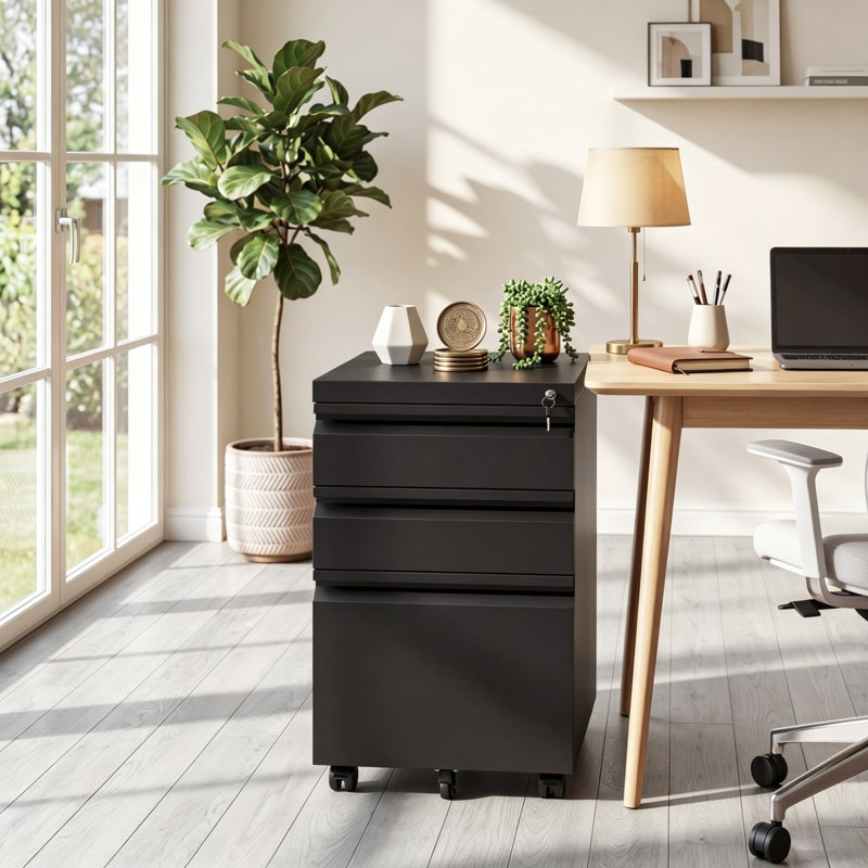 37 cm W 3 -Drawer Wheels / Casters included Mobile Steel Filing Cabinet, Black