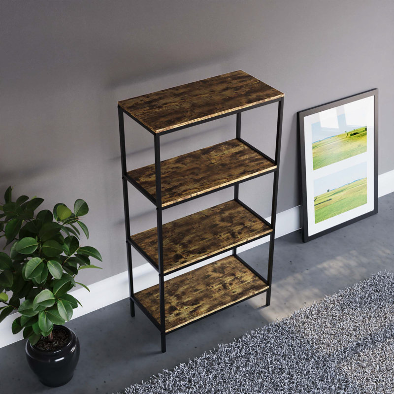 Sylvie 4 Tier Industrial Style Bookcase Living Room Shelving Unit With Metal Frame, Dark Wood
