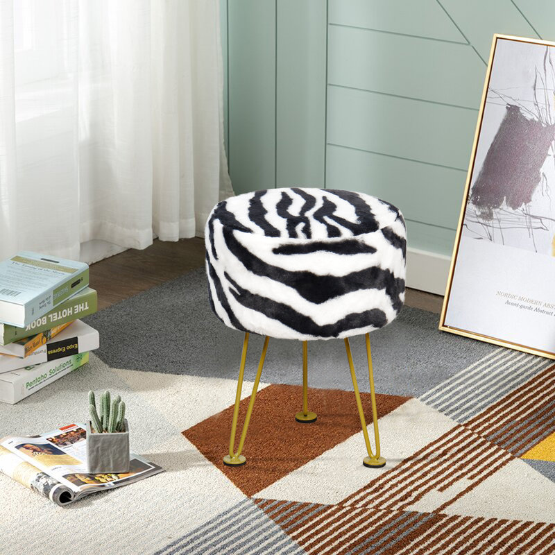 Tabouret rond en fausse fourrure, Fausse fourrure noire / blanche