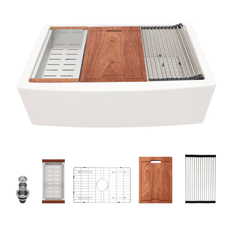Station de travail blanche Farmhouse Sink - Évier de cuisine de ferme à cuve simple en céramique blanche 33 pouces