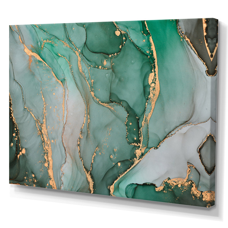 Turquoise et gris, art abstrait fluide de luxe III, reproduction sur toile, H 16 po x l 32 po, Toile tendue