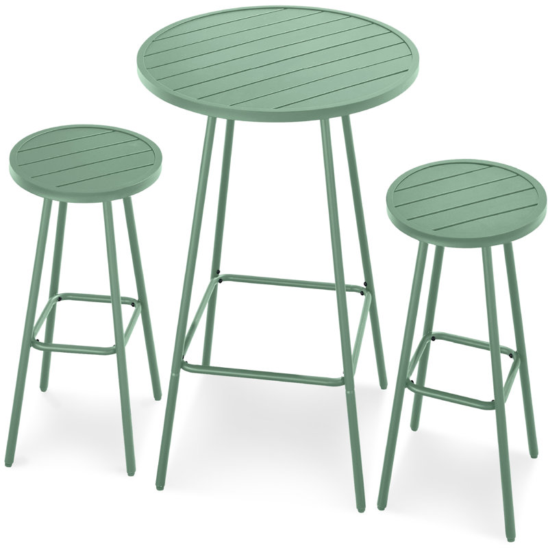 3-Piece Steel Patio Bar Height Round Bistro Set W/ Backless Stools, Slatted Design, Sage