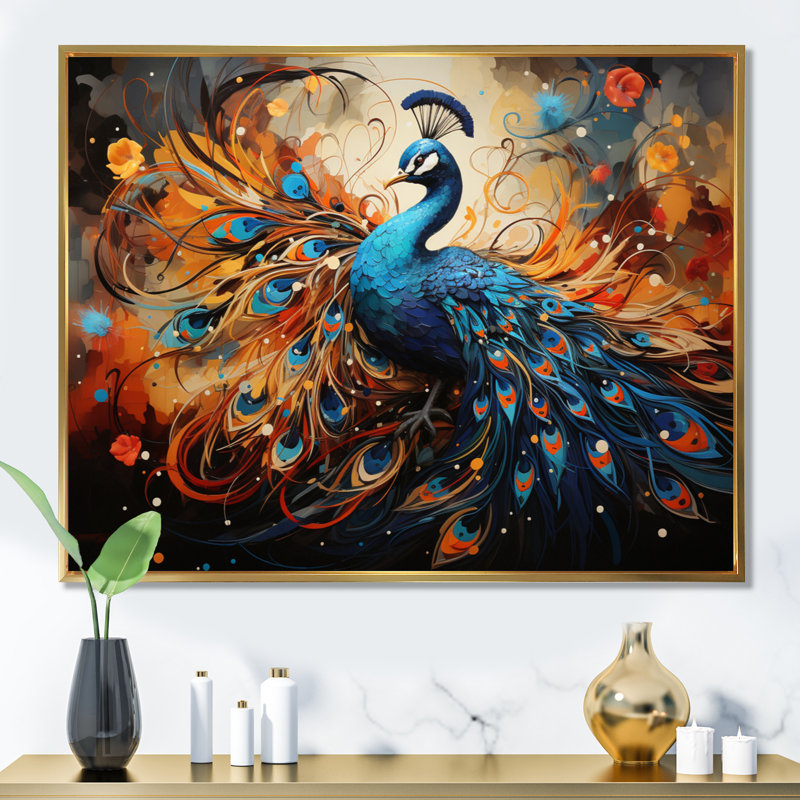 «Peacock Abstract Collage II», reproduction, Cadre flottant doré, H 16 po x l 32 po x P 1 po