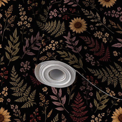 Papier de contact à peler et coller avec feuilles de fougère à motif floral de tournesol botanique rétro auto-adhésif et amovible 24 po x 118 po (60 x 300 cm)