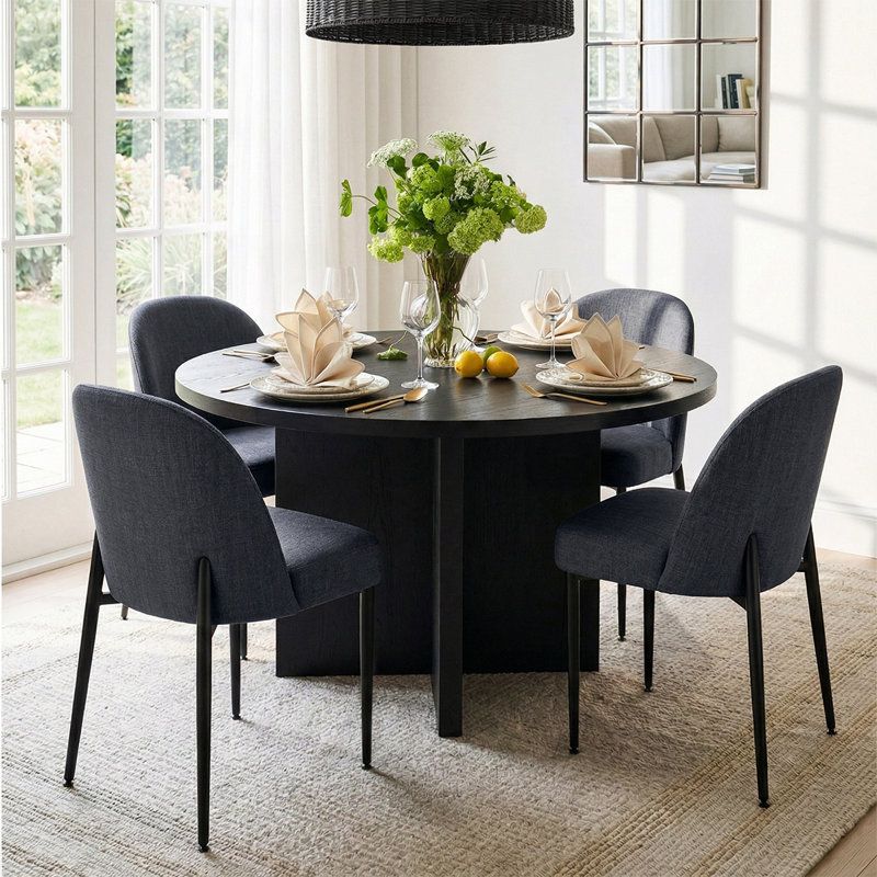 Ensemble de salle à manger rond noir moderne avec 4 chaises rembourrées, Ensemble de cinq pièces : table, quatre chaises