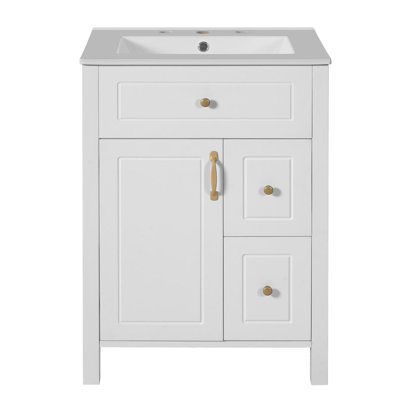 24" bathroom vanity with ceramic sink, soft-close doors, 2 drawers, and a two-tier shelf