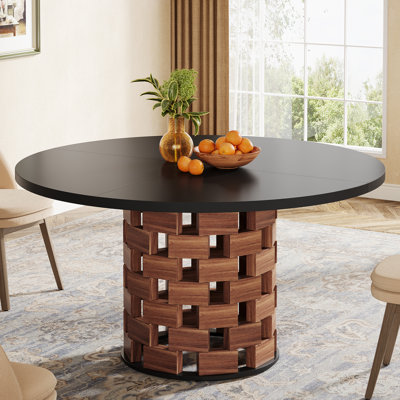 47-Inch Round Farmhouse Circle Kitchen Dining Room Table for 4-6 People Wood Rectangular Block Base