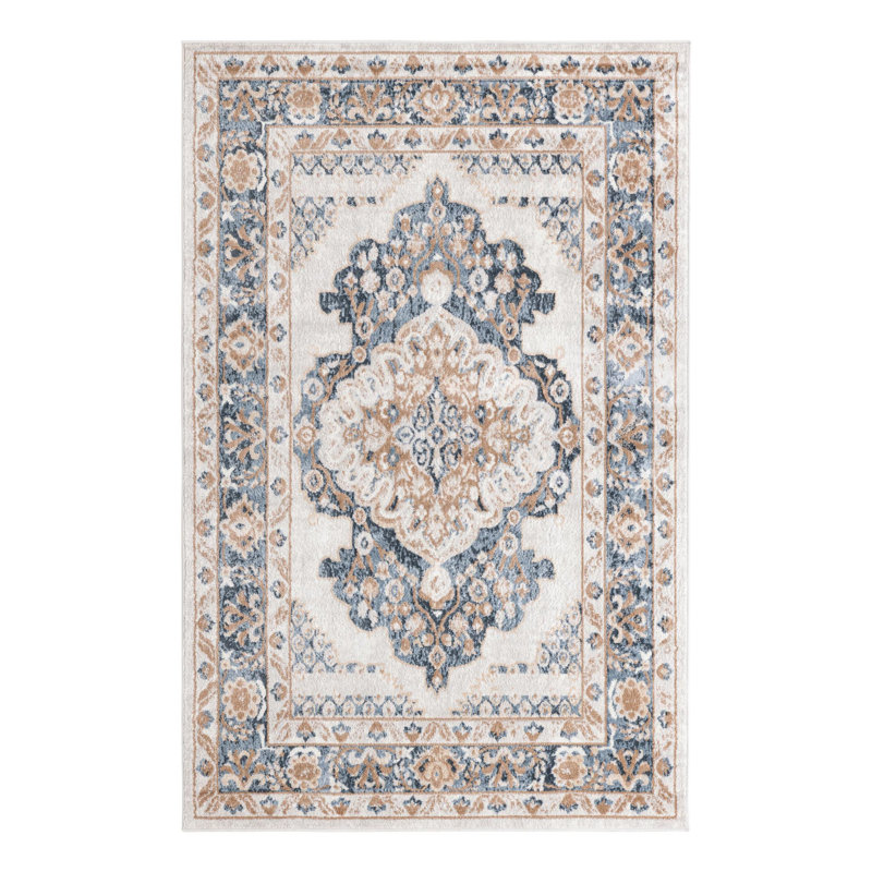 Tapis oriental en polypropylène tissé à la machine Octagon en ivoire / gris, Rectangle 5 pi 3 po x 8 pi