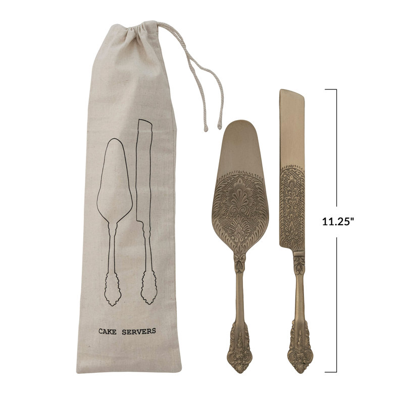 Embossed Brass Cake Server Duo