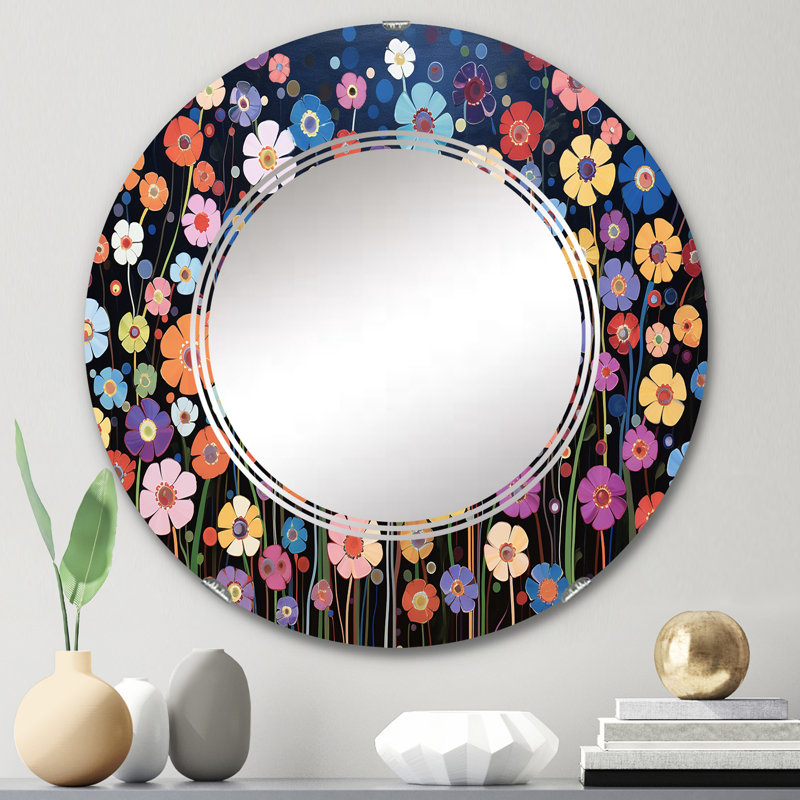 Abstract Colorful Wildflowers Kaleidoscope Circle Mirror, 24" x 24"