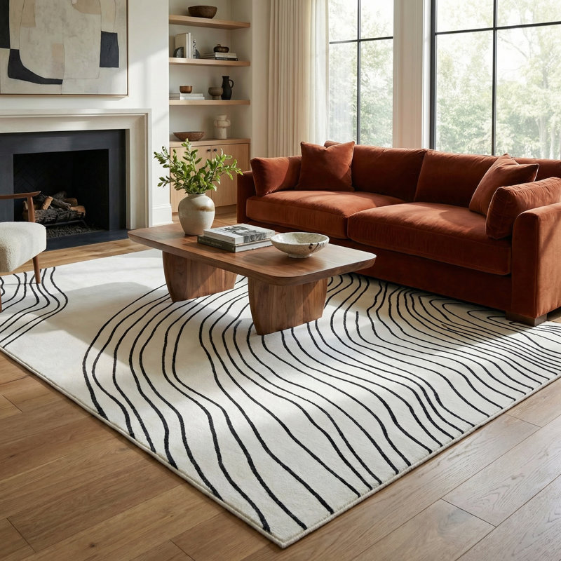 Tapis à lignes abstraites blanc / noir 5 pi x 8 pi (5 pi 3 po x 7 pi 7 po) Branch Branch Nami, tapis contemporain, à poils moyens et résistant aux taches - salon, chambre à coucher, salle à manger et cuisine
