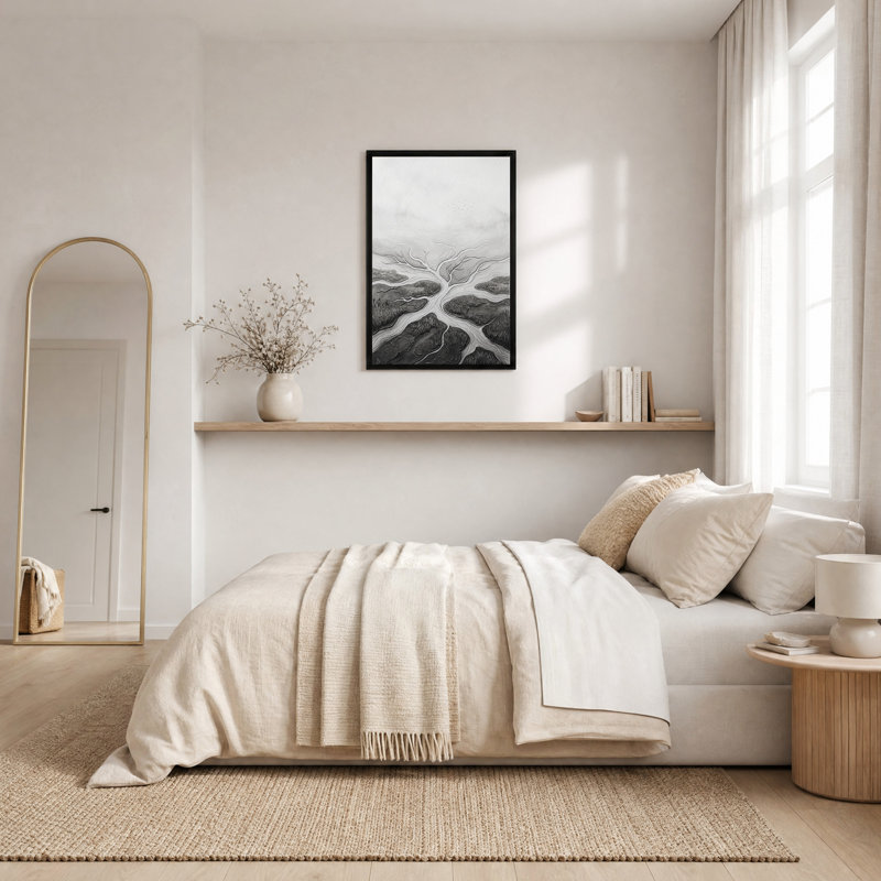 «Black and White River Delta with Birds», art mural sur toile, H 24 po x l 16 po