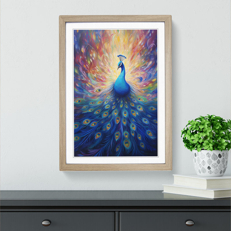 Peacock Symbolism - Single Picture Frame Print on Wood, 46cm H x 34cm W x 2" D, Oak Framed