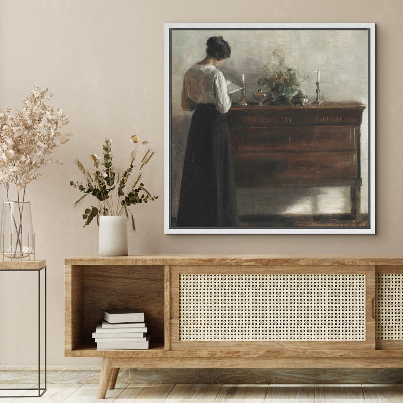 Femme rétro écrivant au bureau, reproduction sur toile, H 16 po x l 16 po, Toile blanche
