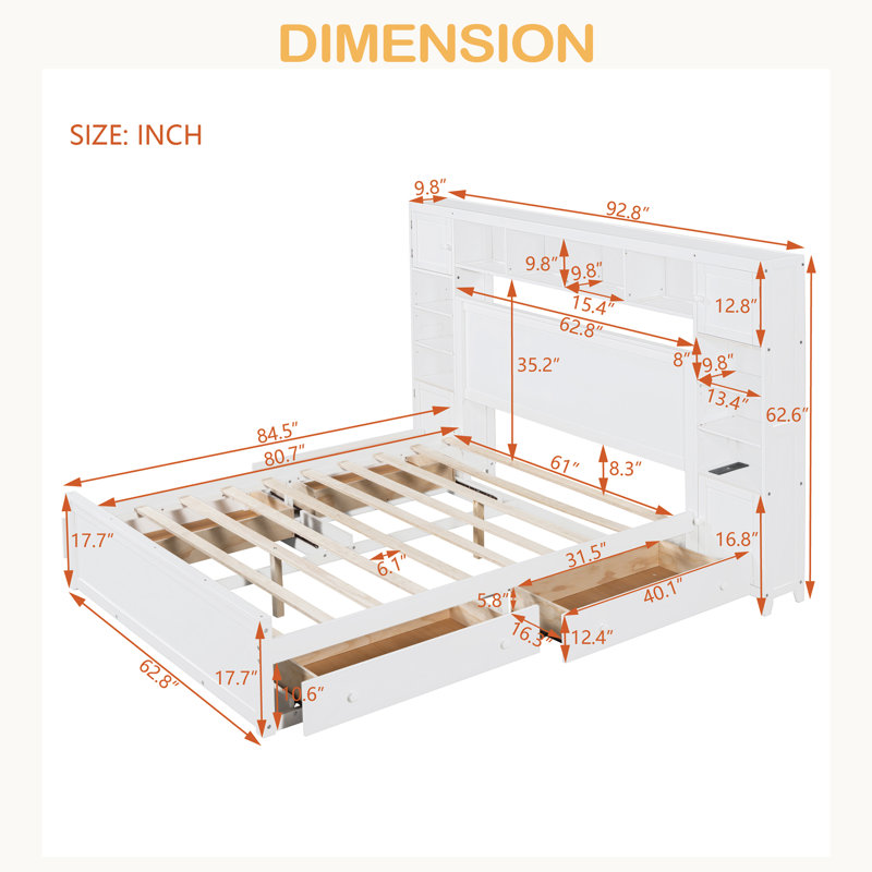 Grand lit en bois avec armoire, tablette et prises tout-en-un, Blanc