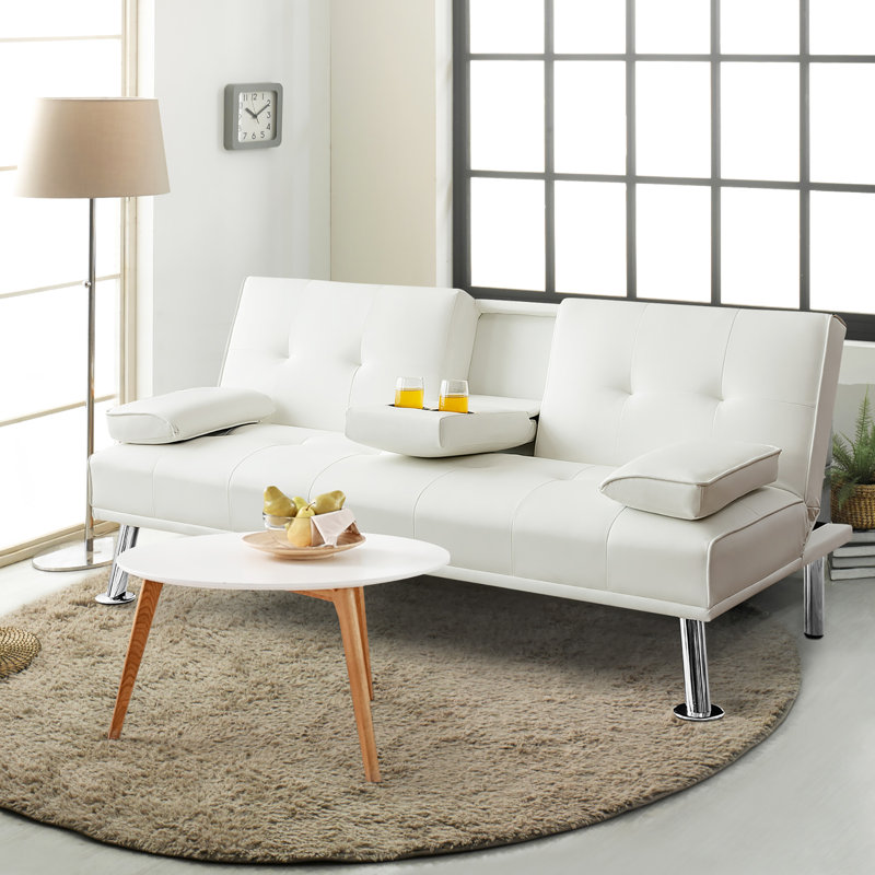 Maggie Twin 66'' Faux Leather Convertible Sofa, White Faux Leather