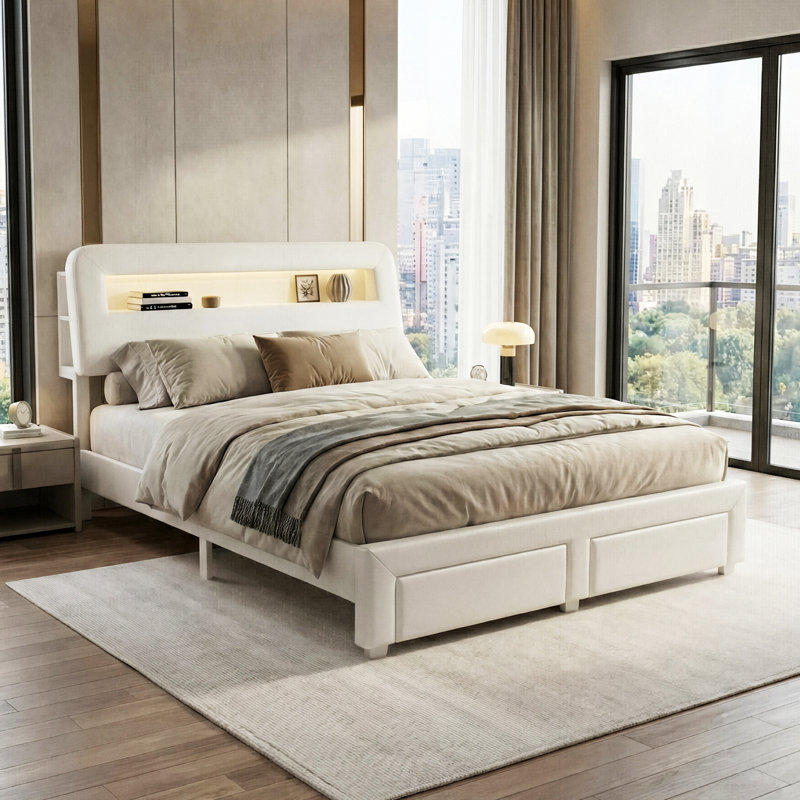 European Double & King Size Velvet Storage Bed With 2 Drawers & LED Headboard, Upholstery Bed Frame With Charging Port, Beige