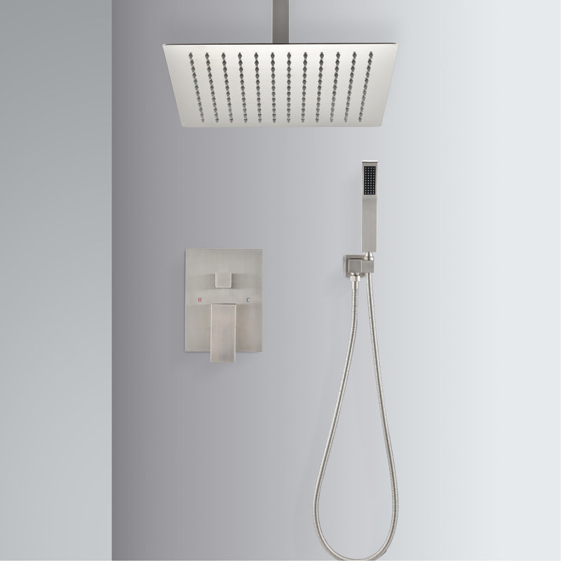 Brushed Nickel Ceiling Mounted Shower Mixture - 12" Head & Handheld Natural Rainfall Simulation Sensation Self-Cleaning Nozzle Matches All Normal Arms Conforms To American Standard Pipe With Finish