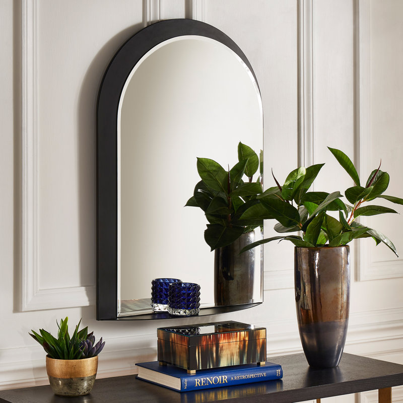 Wendolyn Metal Arch Mirror with Shelves, Black