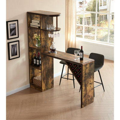 Distressed Wood Finish Bar Table With Attached Wine Cabinet, Metal Glass Rack And Bottle Rack, 15.5 Inches Deep, 37.75 Tall, 360 - Degree Finished Stores 6 Glasses