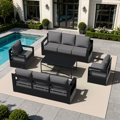 Ensemble de patio d'extérieur 5 pièces avec 2 canapés, 2 chaises et une table basse Abdullah, coussin gris