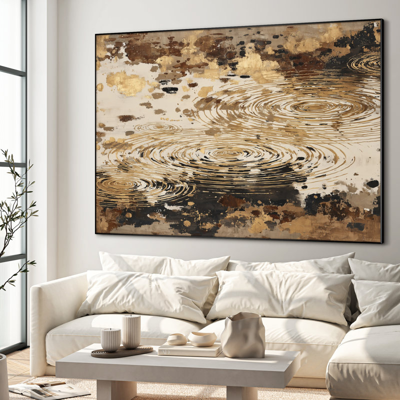 Très grand art mural imprimé sur tissu - Reflets ondulés dorés abstraits dans des tons neutres chaleureux, décor pour le salon ou la chambre à coucher - «Assemblage requis du cadre (cadre non fini)»