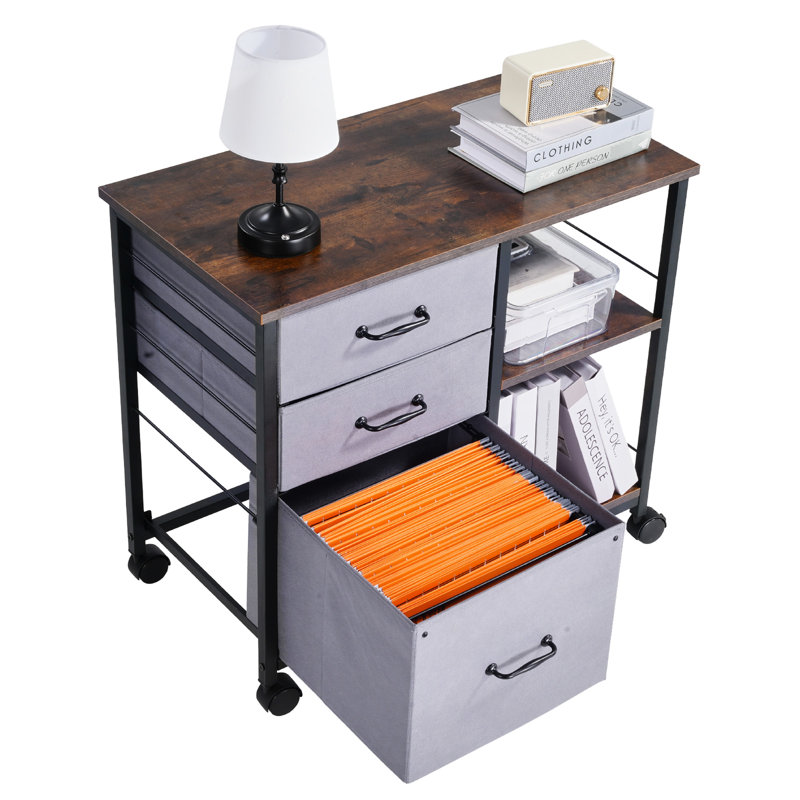 Classeur mobile avec 3 tiroirs en tissu et 2 tablettes ouvertes - Organisez des fournitures de bureau à structure stable et brune avec un espace de rangement spacieux pour la construction