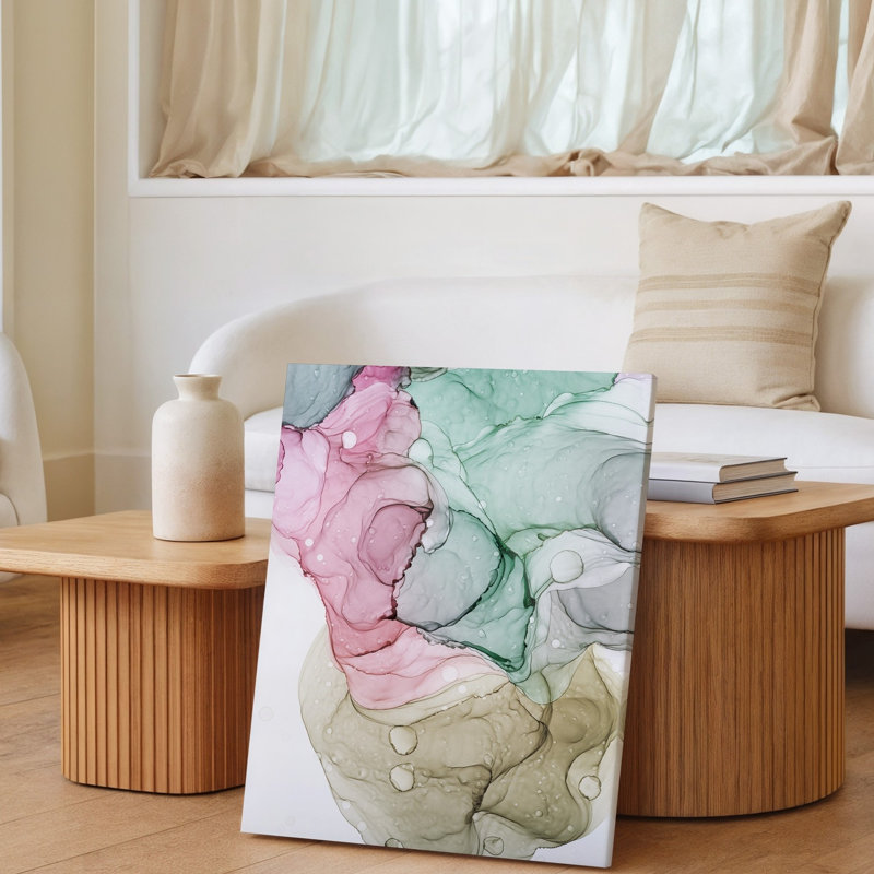 Reproduction d'art sur toile, "Composition abstraite" avec des couleurs pastel tourbillonnantes, y compris un art mural doux, des roses à la menthe et des beiges crémeux