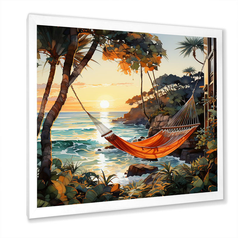 Coucher de soleil hamac près de la plage II - art mural côtier tropical, Cadre simple blanc, H 36 po x l 36 po x P 1,5 po