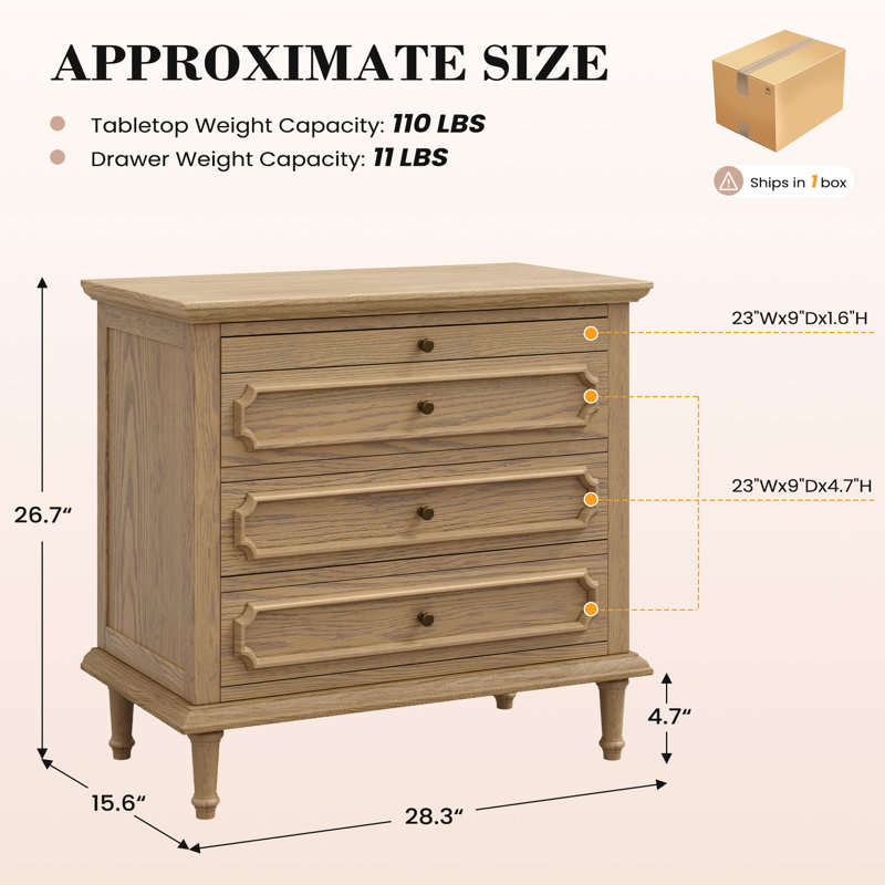 Traditional 28.3''W 3-Drawer Solid Wood Nightstand With Built-In Outlets And Pull-Out Shelf, Mid-Century Rustic End Table With Charging Station, Modern Wooden Side Table For Bedroom, Living Room, Fully Assembled(Set of 2)