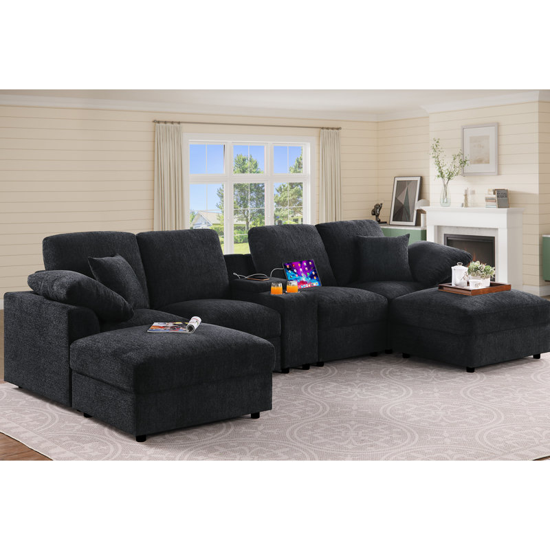 128.75” Sectional Sofa With 2 Ottomans, Black