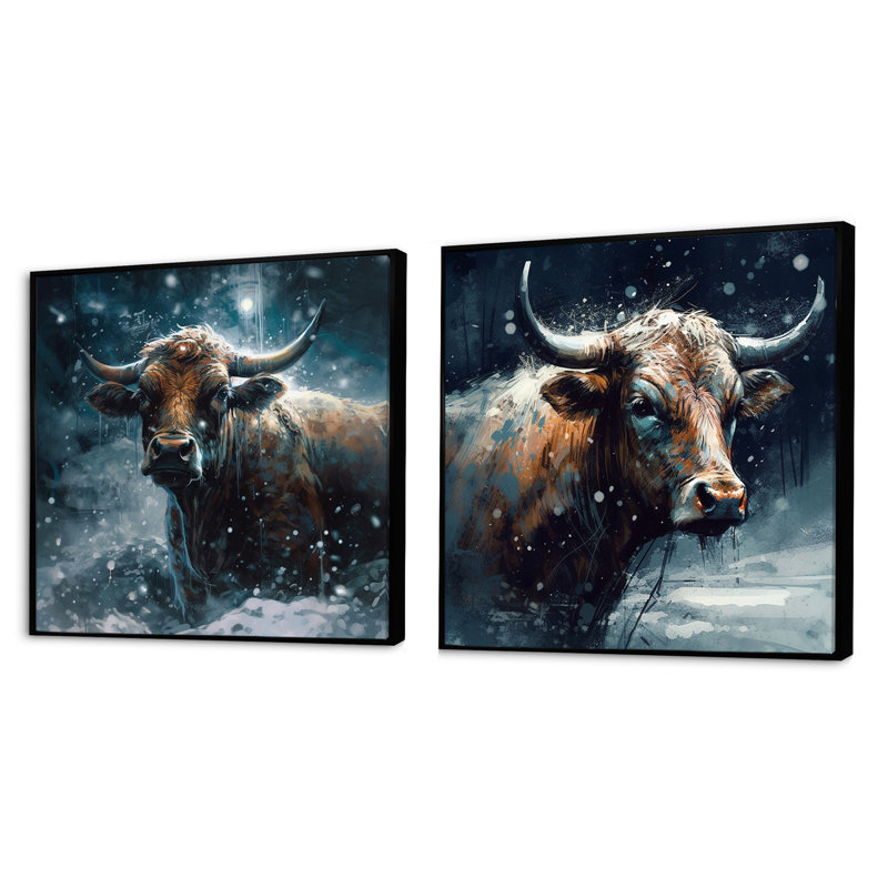 Vache dans la neige - ensemble de 2 animaux carrés, Cadre flottant noir, H 16 po x l 33 po