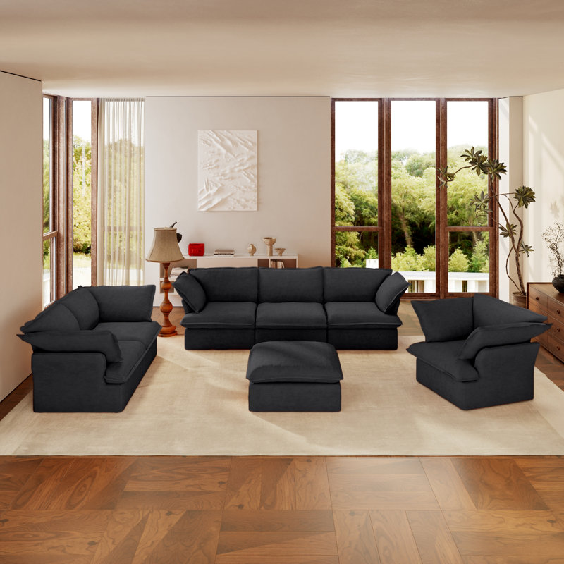 Canapé modulaire modulaire 4 pièces 4 pièces, Mélange de lin de couleur naturelle, Noir