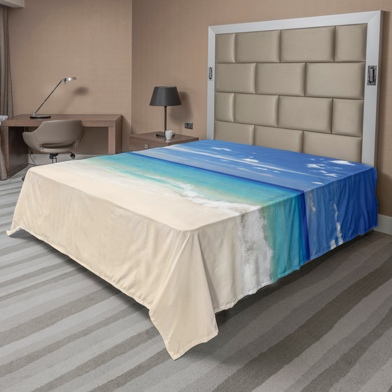 Ambesonne Tropi Top Flat Sheet Shore Sea with Waves Cream Turquoise White_13957, Full Flat Sheet
